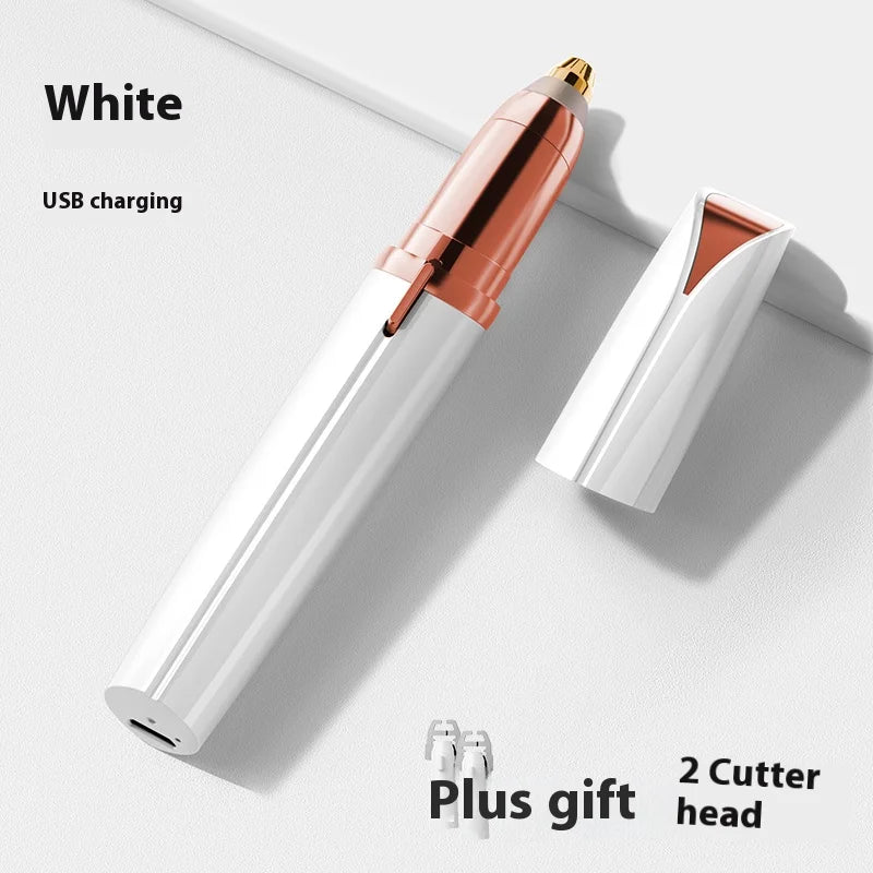 White eyebrow trimmer for women with USB charging and two cutter heads for effective facial hair removal.