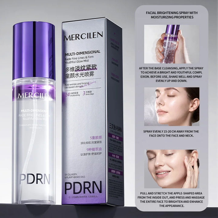 MERCILEN Firming Hydrating Spray 100ml contains niacinamide, collagen, and plant-based squalane to moisturize the skin, make wrinkles less noticeable, firm and nourish the skin, brighten it, and make the skin look younger