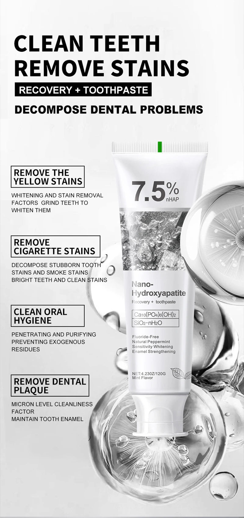 7.5% Hydroxyapatite Probiotic Whitening Toothpaste Enamel Oral Cavity Repair Breath Freshening Teeth Whitener Toothpaste 120g