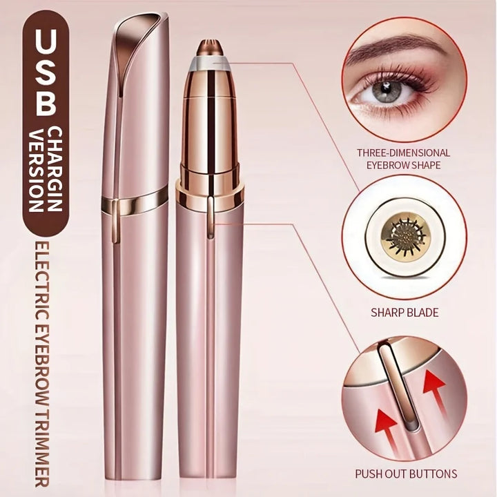 Eyebrow trimmer for women with USB charging, sharp blade, and three-dimensional design for easy facial grooming.