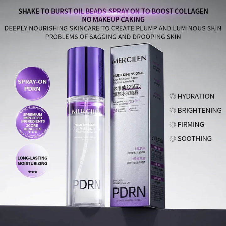 MERCILEN Firming Hydrating Spray 100ml contains niacinamide, collagen, and plant-based squalane to moisturize the skin, make wrinkles less noticeable, firm and nourish the skin, brighten it, and make the skin look younger