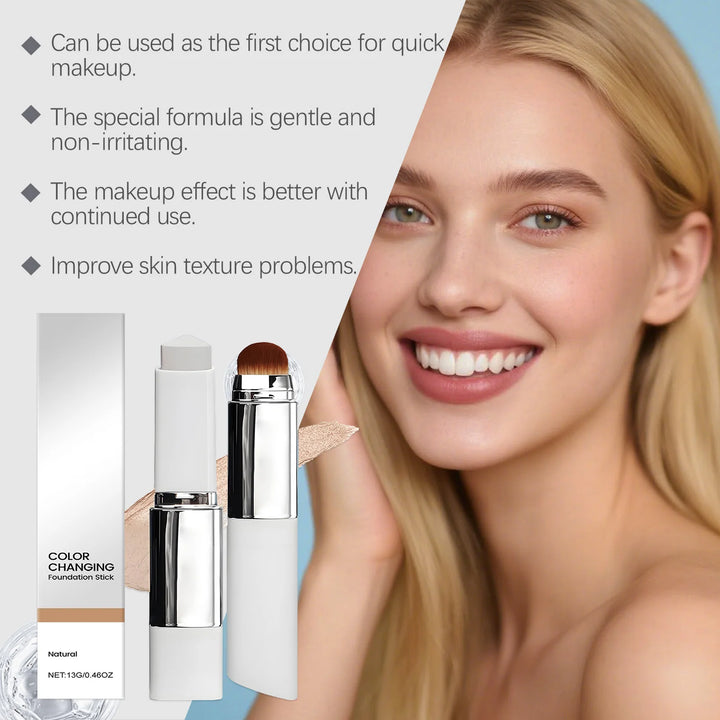Color Changing Foundation Stick with Makeup Brushes 2 in 1 Lasting Waterproof Matte Finish Lightweight High Coverage Makeup Base