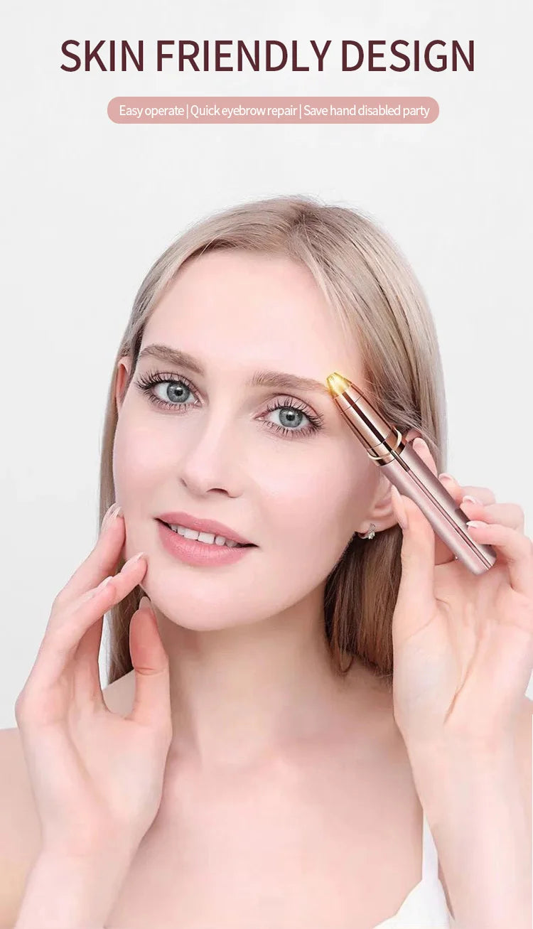 Model using eyebrow trimmer for women, highlighting its skin friendly design and ease of use for grooming.