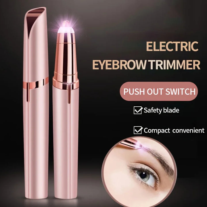 Electric eyebrow trimmer for women with safety blade and push-out switch for easy facial grooming.
