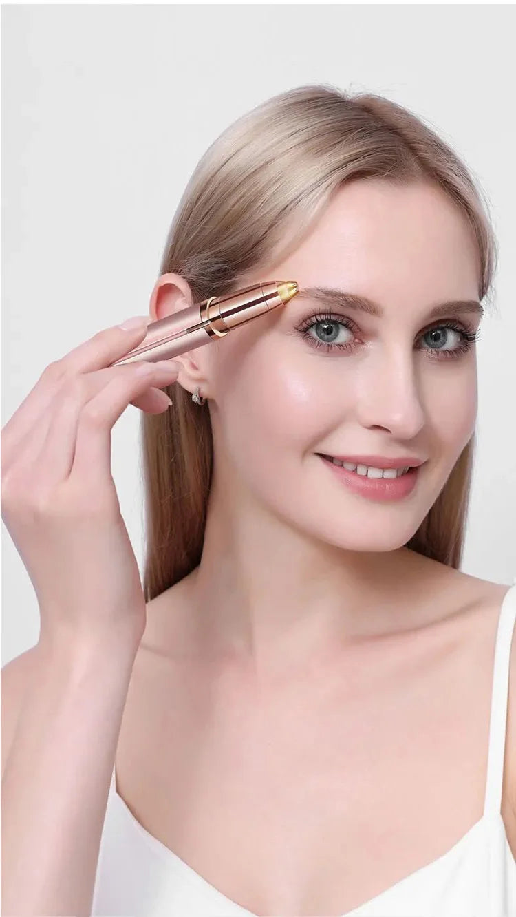Woman using an eyebrow trimmer for women to groom her eyebrows and facial hair.