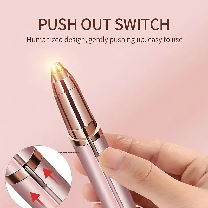 Eyebrow trimmer for women showcasing a push out switch for easy operation in a humanized design.
