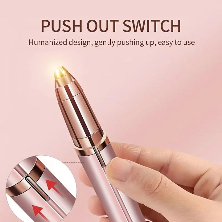 Eyebrow trimmer for women showcasing a push out switch for easy operation in a humanized design.