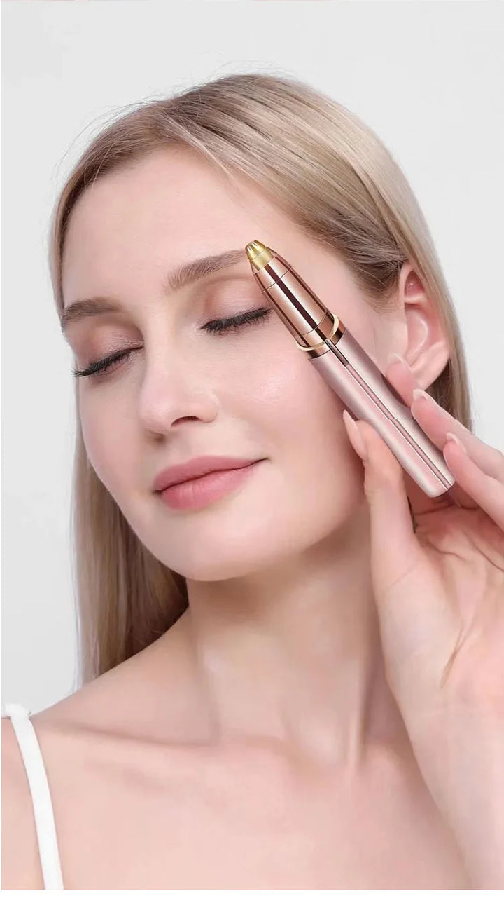 Eyebrow trimmer for women being used for easy facial grooming by a woman with light hair and a soft smile.