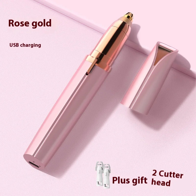Eyebrow trimmer for women in rose gold color, USB charging, includes two cutter heads and a gift head.