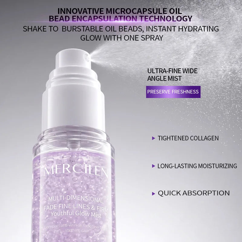 MERCILEN Firming Hydrating Spray 100ml contains niacinamide, collagen, and plant-based squalane to moisturize the skin, make wrinkles less noticeable, firm and nourish the skin, brighten it, and make the skin look younger