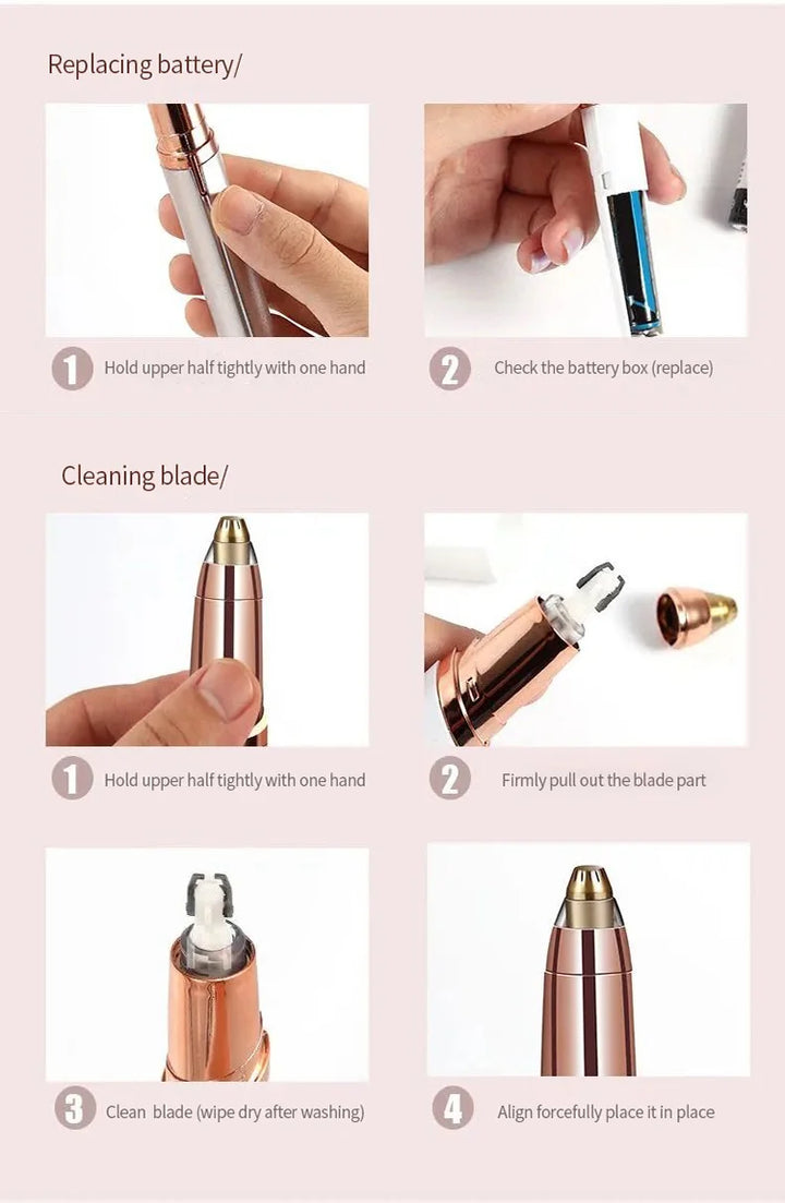 Step-by-step guide on using the eyebrow trimmer for women, including battery replacement and blade cleaning.