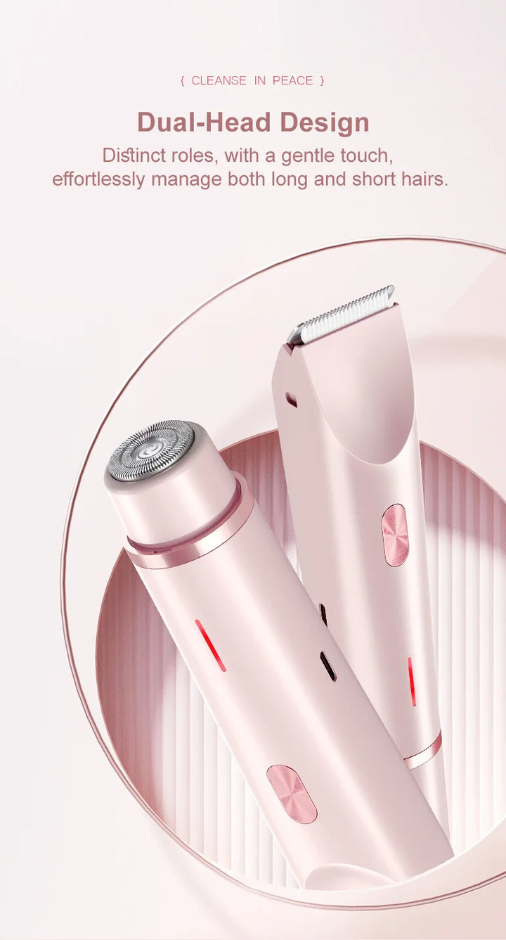 Electric shaver for women showing the two grooming heads